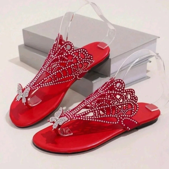 Summer New Genuine Leather Flat & Low-Heeled Cross-Toe Sandals With Rhinestone - Picture 5 of 6